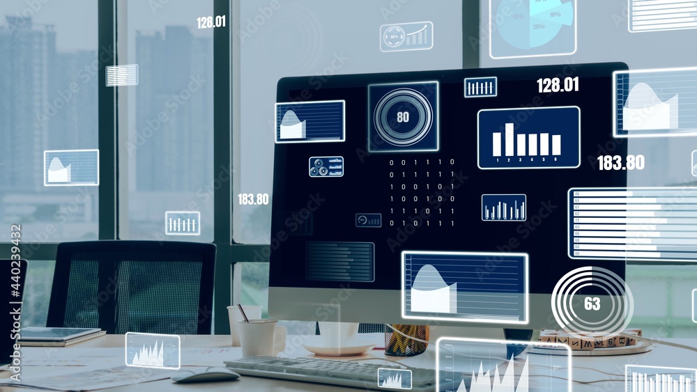 Aufkleber business visual data analyzing technology by creative computer software