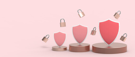 Abstract security. Shield Concept for Safe and secure protection Network data on red background. Secure bank, copy space, digital, banner-3d Rendering