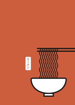 Ramen Noodle Bowl of Soup | Japanese Inspired Minimalist style Illustration | Kawaii Food Art | Red