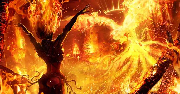 A sexy witch with a stunning figure summons a royal phoenix in the middle of a medieval city, burning it to the ground with a raging fire element, her hair burning along with wooden buildings. 2d 
