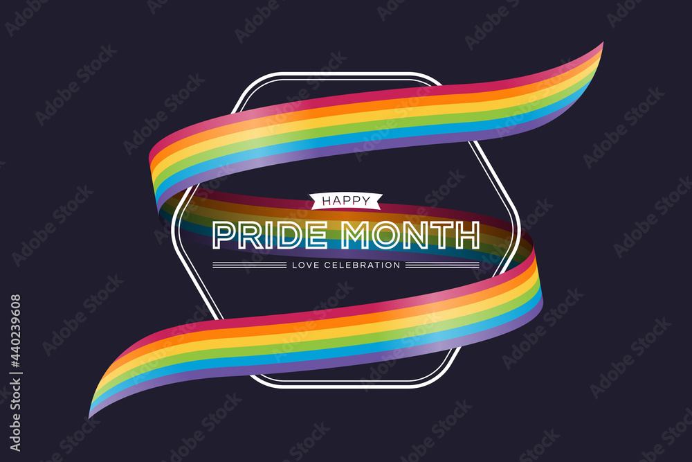 Aufkleber happy pride month text and rainbow pride ribbon roll wave around rounded hexagon frame and dark back