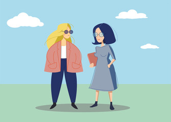 vector flat illustration of two young women standing in park in  sunny day