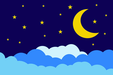 Naklejka na ściany i meble Flat style illustration yellow moon stars and blue clouds background design. Good to use for banner, social media template, poster and flyer template, etc.