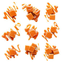 Set of delicious caramel candies with sauce on white background, top view