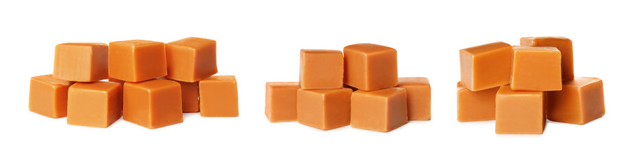 Set with delicious caramel candies on white background. Banner design