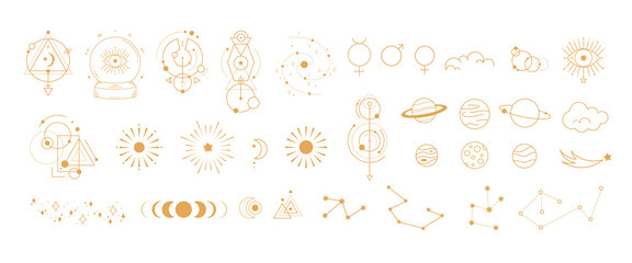 Big set of magic and astrological symbols. Mystical signs, silhouettes, zodiac, tarot cards. Vector illustration