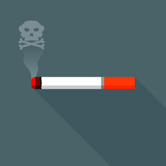 Smoking cigarette with 
skull smoke on gray background flat vector.
