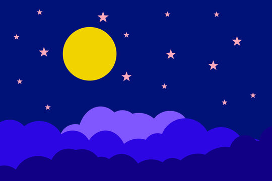 Flat style illustration yellow moon stars and blue clouds background design. Good to use for banner, social media template, poster and flyer template, etc.