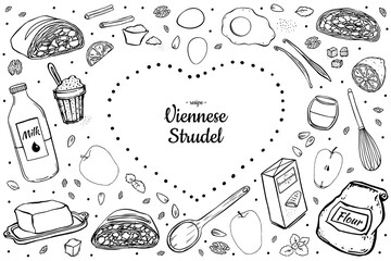 Viennese strudel and ingredients for cooking it in the shape of a heart.