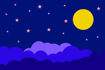 Flat style illustration yellow moon stars and blue clouds background design. Good to use for banner, social media template, poster and flyer template, etc.