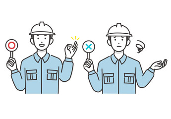 正解と不正解の棒を持つ作業員男性のベクターイラスト素材／〇×／ネクタイなし／工事