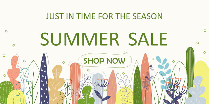 Summer sale banner with plants. Vector illustration.