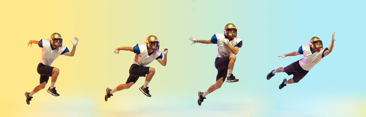 Fototapeta na wymiar American football player isolated on color studio background with copyspace. Professional sportsman during game playing in action and motion.
