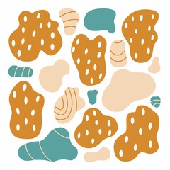 Set of abstract multicolored spots with dots and stripes of different shapes in a flat style isolated on a white background. Vector illustration. Collection of abstract shapes.