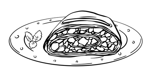 Illustration plate with slice Viennese apple strudel.