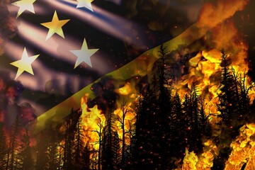 Forest fire natural disaster concept - burning fire in the trees on Solomon Islands flag background - 3D illustration of nature