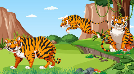 Fototapeta na wymiar Forest or rainforest scene with tiger family