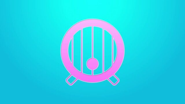 Pink line Wooden barrel icon isolated on blue background. Alcohol barrel, drink container, wooden keg for beer, whiskey, wine. 4K Video motion graphic animation
