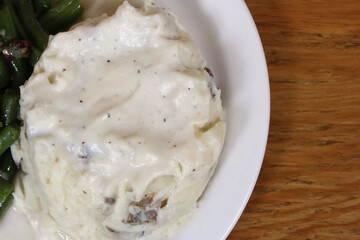Mashed Potatoes and Green Beans in Rural Cafe Restaurant