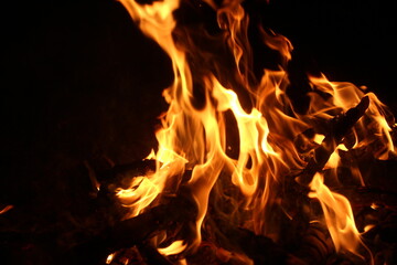 A beautiful flame from a big bonfire in the forest.