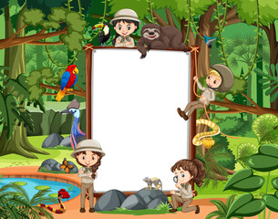 Empty banner with many children and wild animals in the forest scene © blueringmedia