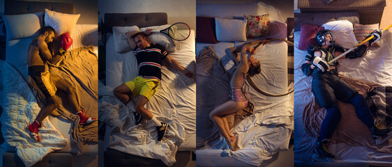 Top view of young professional male and female sportsmen sleeping at his bedroom in sportwear....