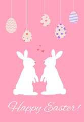 Vector illustration with a pair of enamored rabbits and colored eggs. Cool idea for greeting cards for Easter.