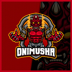 Oni Mask Face mascot esport logo design illustrations vector template, Evil monster logo for team game streamer youtuber banner twitch discord, full color cartoon style