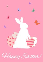 Vector illustration with a cute rabbit, colored eggs and butterflies. Great idea for greeting cards.