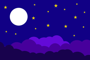 Flat style illustration white moon, yellow stars and violet clouds background design. Good to use for banner, social media template, poster and flyer template, etc.