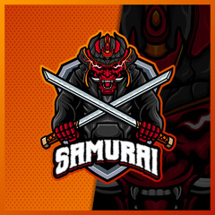 Samurai Oni with katana mascot esport logo design illustrations vector template, Devil Ninja logo for team game streamer youtuber banner twitch discord, full color cartoon style