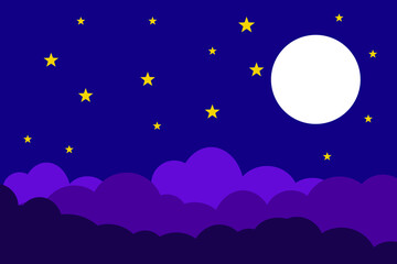 Fototapeta premium Flat style illustration white moon, yellow stars and violet clouds background design. Good to use for banner, social media template, poster and flyer template, etc.