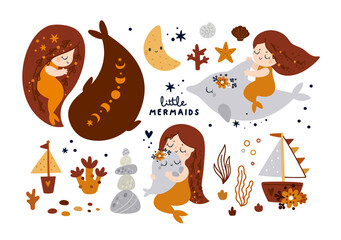 Cute little Fairy mermaid with long hair and fish tail. Mermaids collection. Undersea world. Cartoon childish vector illustration. Ideal for kids prints, room decoration, cards, posters