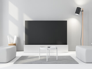 Large Smart Tv mockup standing on floor in modern interior with lamp