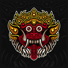 Traditional Indonesian Mask Barong mascot esport logo design illustrations vector template, Balinese mask logo for team game streamer youtuber banner twitch discord, handrawn vector style