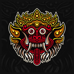 Traditional Indonesian Mask Barong mascot esport logo design illustrations vector template, Balinese mask logo for team game streamer youtuber banner twitch discord, handrawn vector style