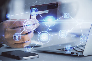 Multi exposure of woman on-line shopping holding a credit card and social network theme drawing. Relationship E-commerce concept.