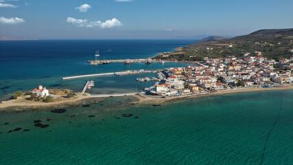 Aerial drone photo of picturesque seaside main village of Elafonisos island, Lakonia, Peloponnese, Greece