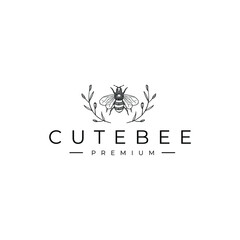 Simple Cute Animal Bee With Leaves Drawing Logo Illustration Vector Template Icon