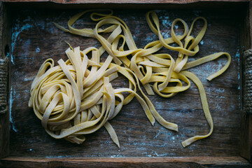homemade noodles in a wooden box