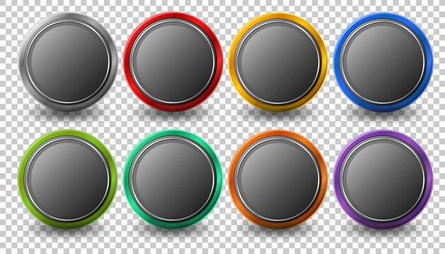 Set of rounded circle button with metal frame isolated on transparent background