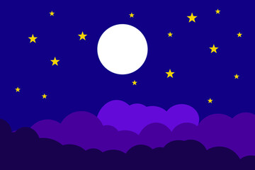 Flat style illustration white moon, yellow stars and violet clouds background design. Good to use for banner, social media template, poster and flyer template, etc.