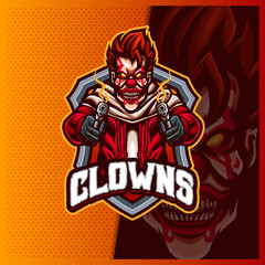 Sniper Clown mascot esport logo design illustrations vector template, Creepy shooter logo for team game streamer youtuber banner twitch discord, full color cartoon style