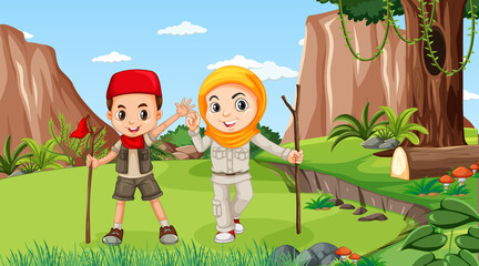 Nature scene with muslim kids exploring in the forest