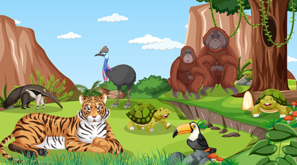 Obraz na płótnie Canvas A tiger with otther wild animals in forest scene