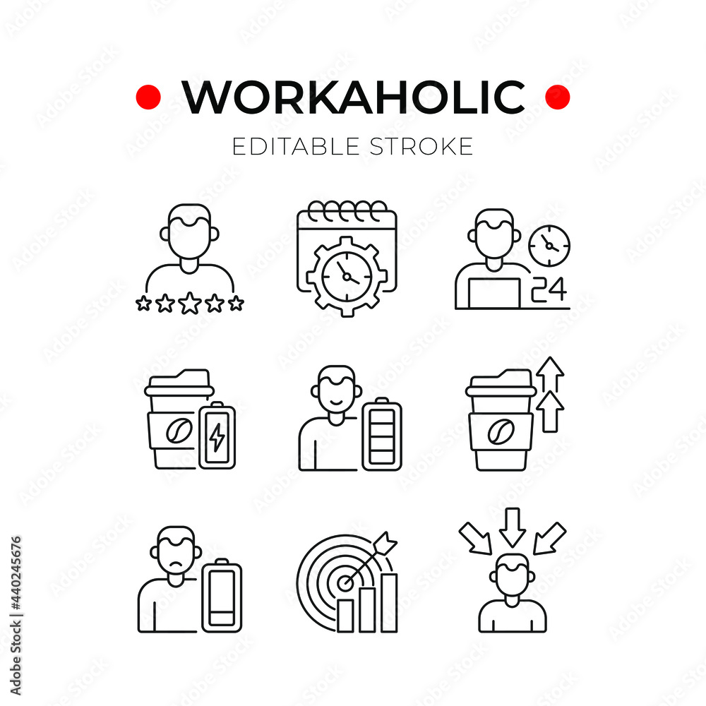 Poster workaholic linear icons set. thin line customizable illustration. contour symbol. vector isolated ou