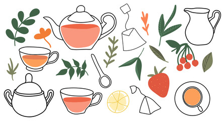 Afternoon tea party, a collection of elements of the tea ceremony, a bag, a sugar bowl, a milk jug, a spoon, a cup and many berries and sprigs, fruit supplements, herbal drink in a mug