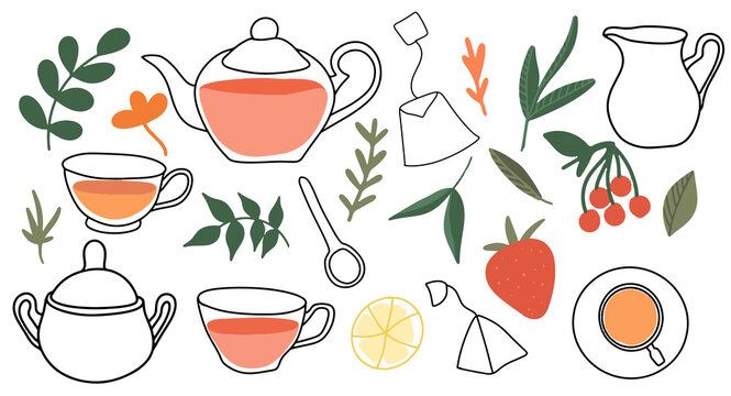 Afternoon tea party, a collection of elements of the tea ceremony, a bag, a sugar bowl, a milk jug, a spoon, a cup and many berries and sprigs, fruit supplements, herbal drink in a mug