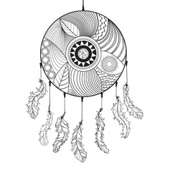 Obraz premium Dreamcatcher. Zentangle. Feathers. Abstract mystic symbol. American indians symbol. Zen art. Design for spiritual relaxation for adults. Line art creation. Black and white illustration for coloring