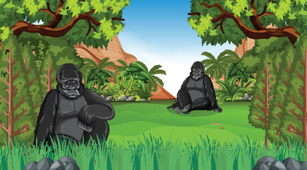 Gorilla in forest or rainforest scene with many trees © blueringmedia